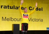 Cadel Evans welcome to Melbourne banner at Fed Square